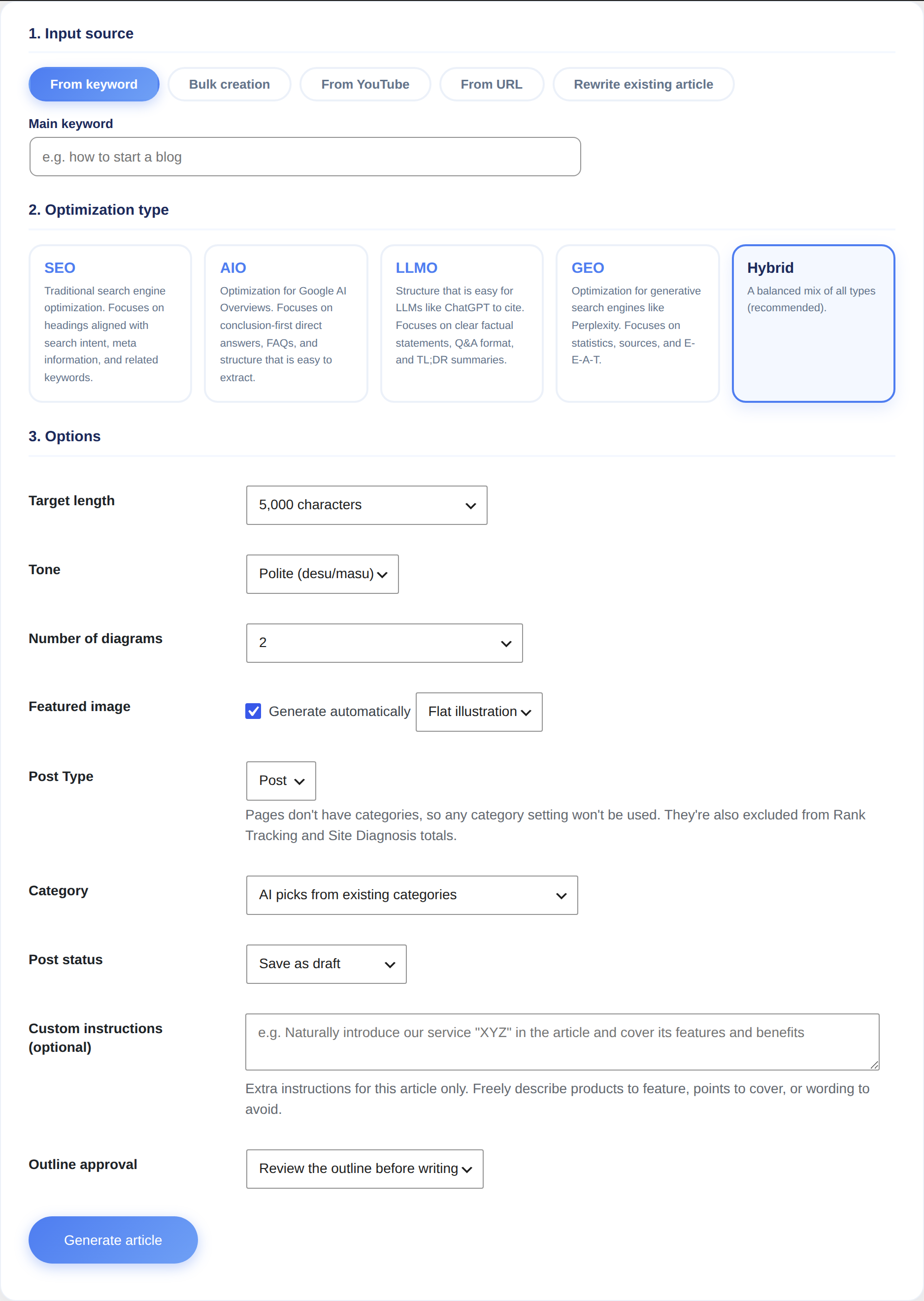 The New Article screen. Choose what to base it on, the optimization type, and the options from top to bottom