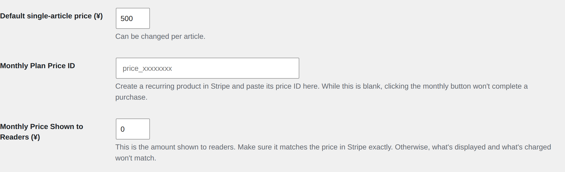The price settings. Set the default price per article and the monthly plan price ID here.